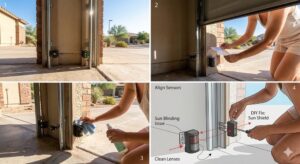 Step-by-step guide for garage door sensor repair in Phoenix AZ, showing sun-shield DIY fix, lens cleaning, and photo-eye alignment under intense Arizona sunlight